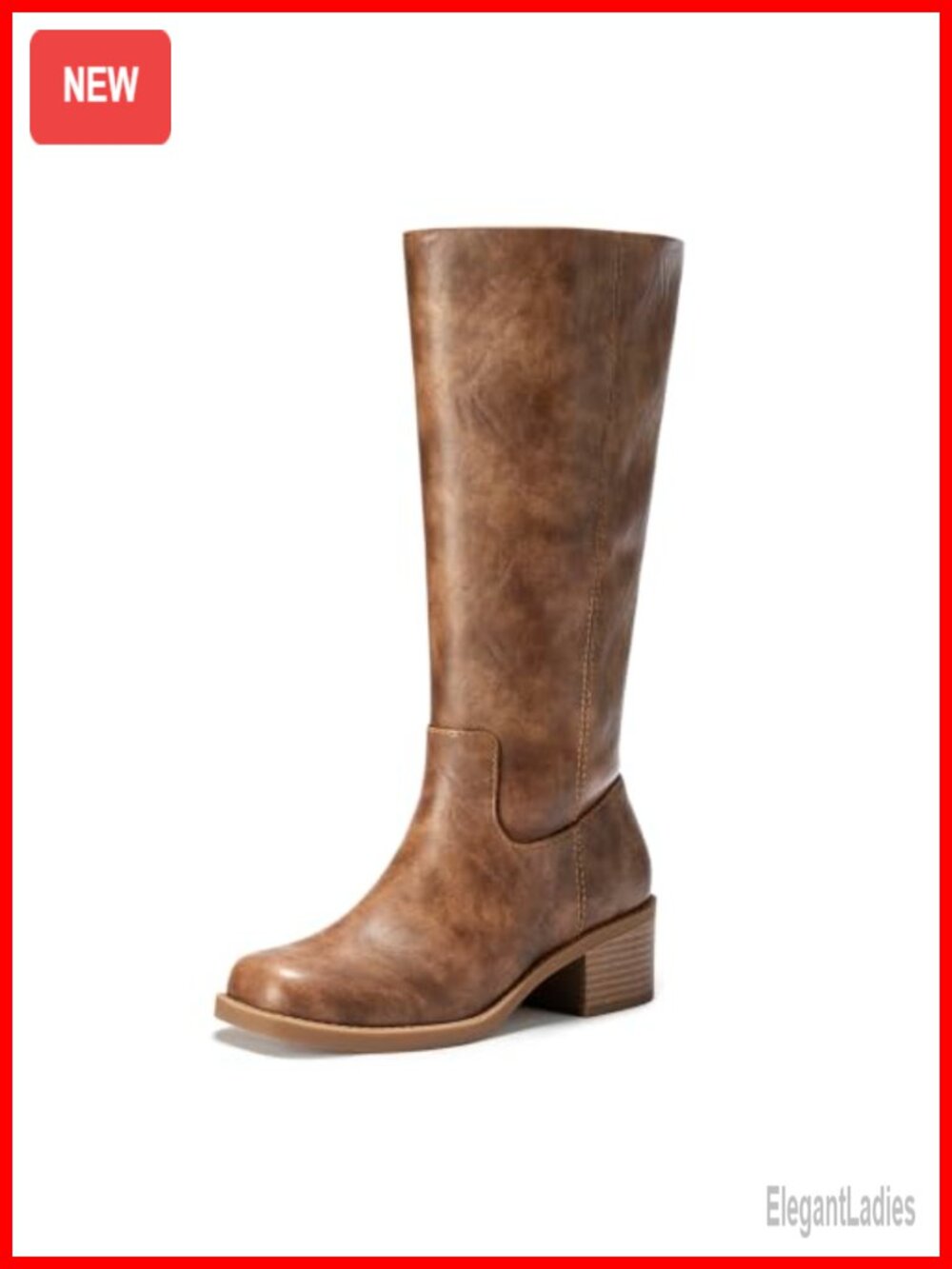Faux Leather Knee High Wide Calf Boots Square Toe Chunky Heel